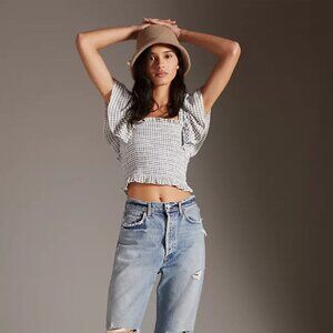 Maeve Crinkle Gingham Smocked Top Black and White Ruffled Blouse Size XS